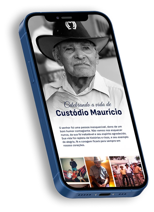 Celular mostrando a página de um memorial, com foto em preto e branco, biografia e galeria de fotos